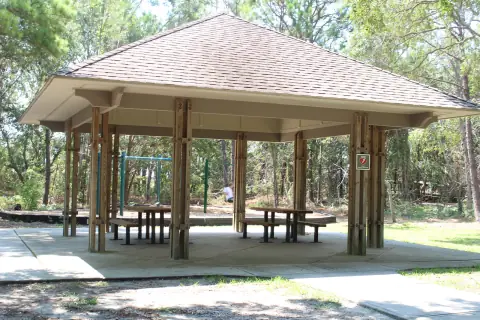 Open-sided picnic pavilion with tables among trees