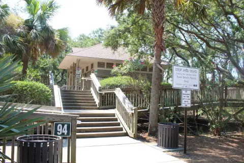 Wooden stairs and boardwalk beneath palm and oak trees