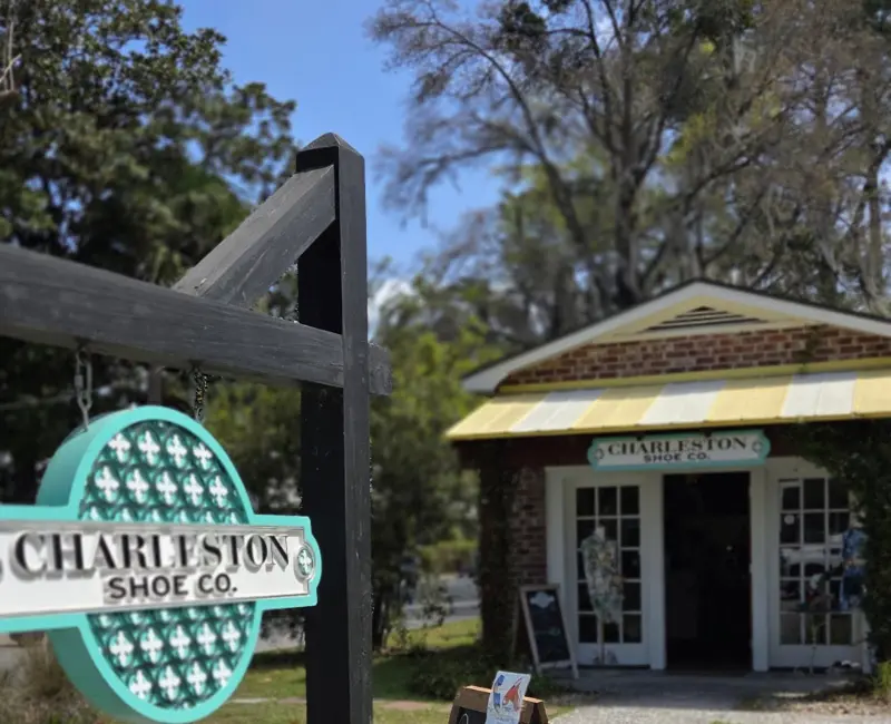 Charleston Shoe Co.’s sign and its small cottage storefront on Calhoun Street in Old Town Bluffton