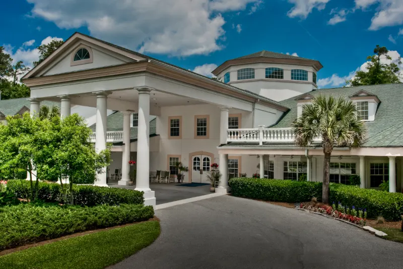 The columned entrance and porte-cochère of May River Landing in Bluffton