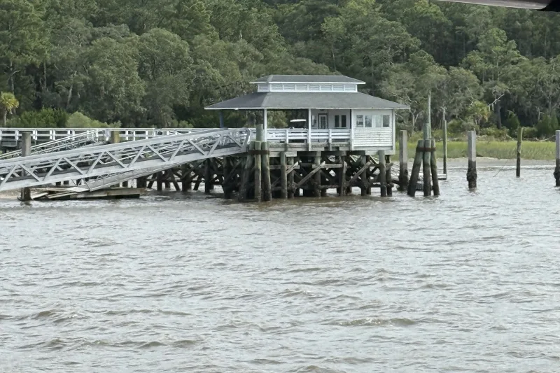 The covered dock and gangway at Melrose Landing on Daufuskie Island, seen from the ferry