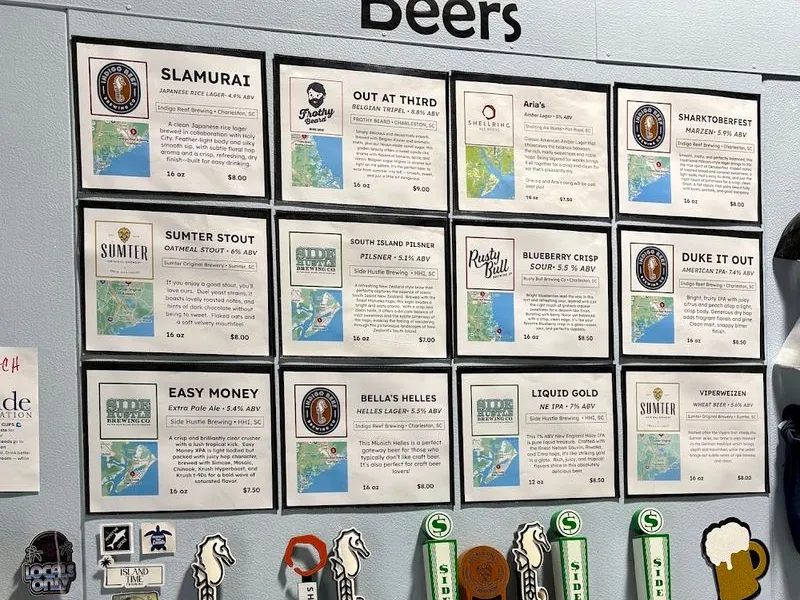 The tap list wall at Locals Only Taproom, a card for each beer with its style, strength and a small South Carolina map showing where it was brewed