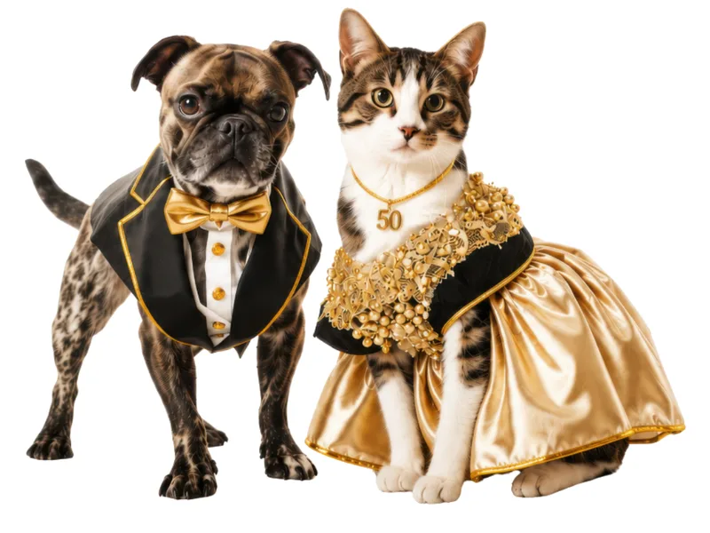 A dog in a tuxedo and a cat in a gold gown with a 50 pendant, dressed for the Four Legged Frolic gala