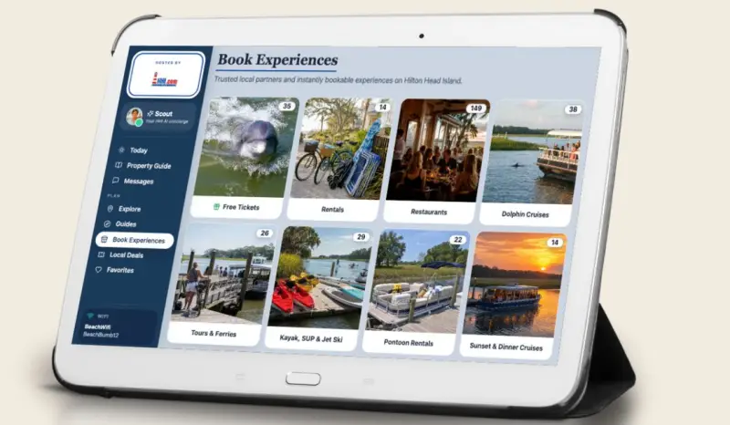The HHI.com Digital Concierge on a tablet, showing Hilton Head experiences guests can book