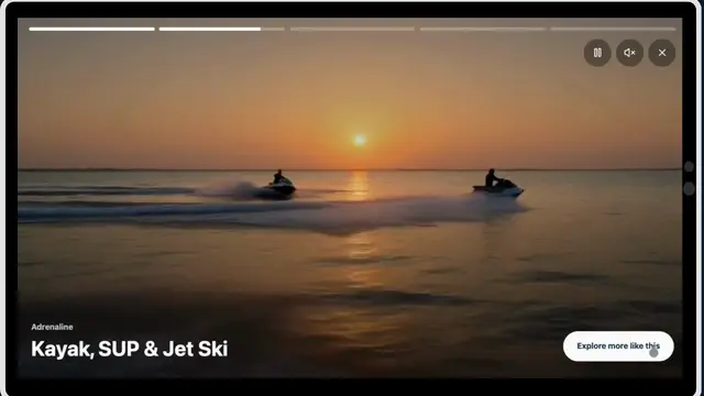 The HHI.com Digital Concierge on an in-home tablet, playing local stories and then opening a page of bookable boat charters