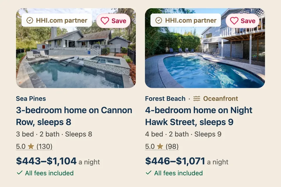 Two rental cards on HHI.com, each with a photo, beds and baths, a guest rating and a nightly price range