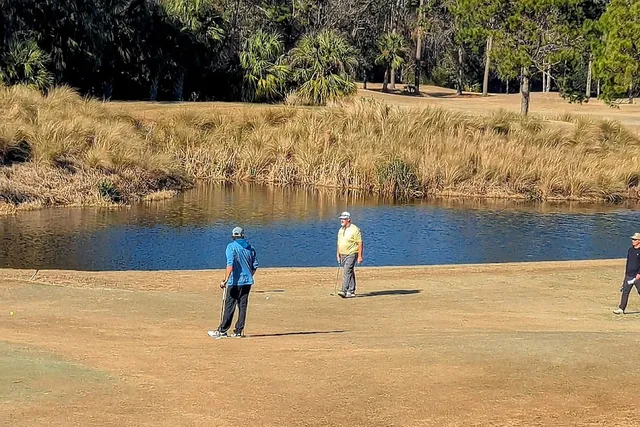 Three golfers on a winter fairway beside a pond and marsh grass at Hilton Head National