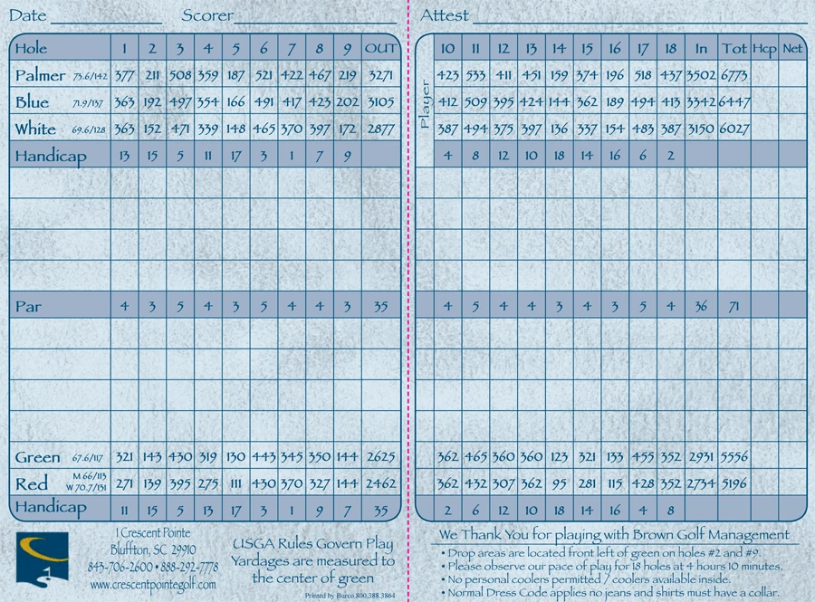 Crescent Pointe Golf Club, Hilton Head scorecard showing par and yardage by hole for the Palmer, Blue, White, Green, and Red tees