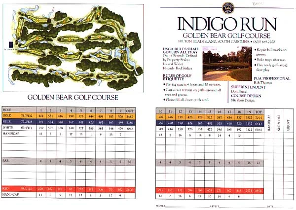 Golden Bear Golf Club at Indigo Run, Hilton Head scorecard showing par and yardage by hole for the Black, Blue, Gold, White, and Green tees