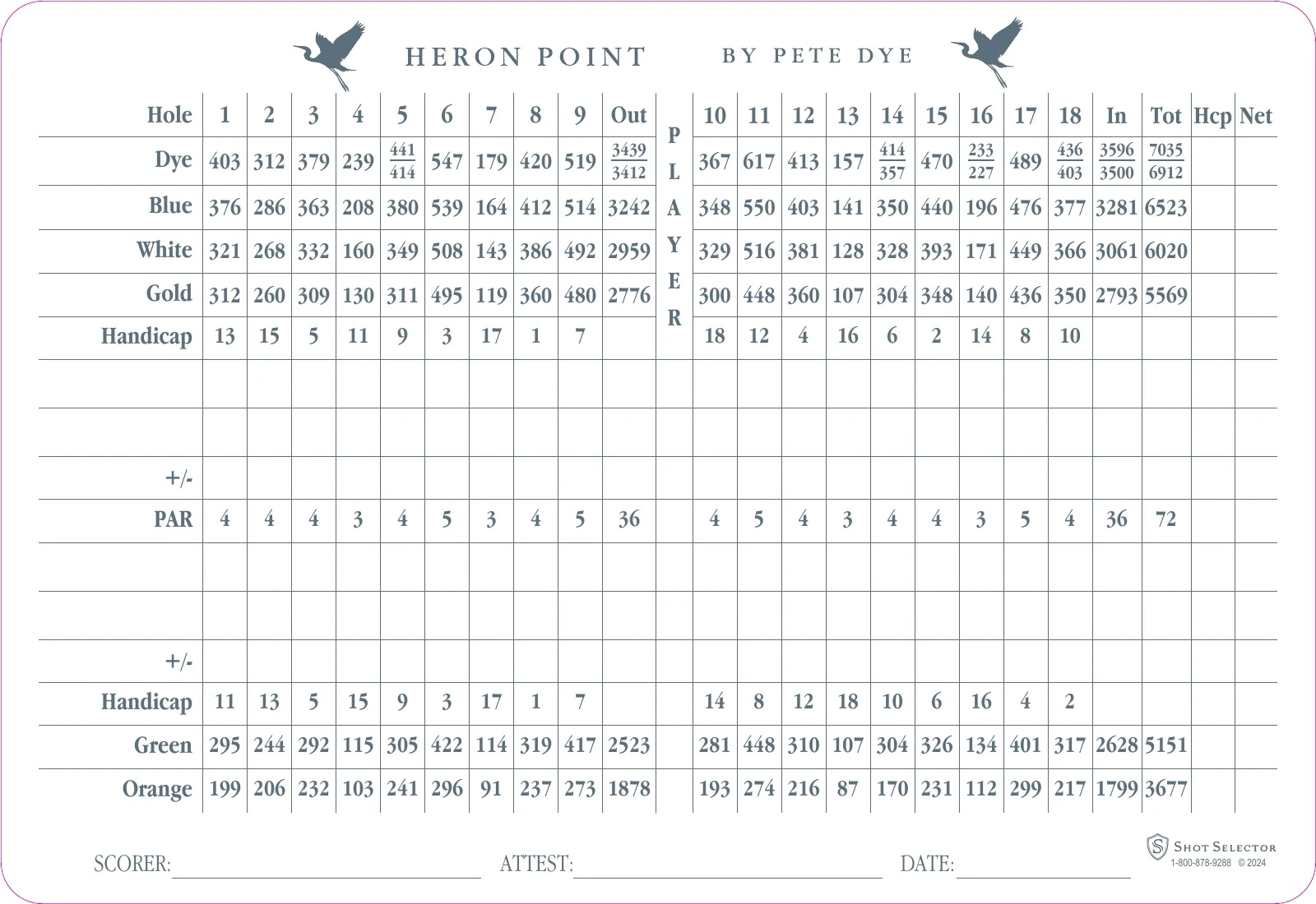 Heron Point by Pete Dye, Hilton Head scorecard showing par and yardage by hole for the Dye, Blue, White, Gold, Green, and Orange tees