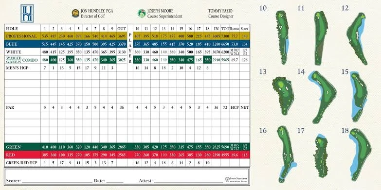 The Golf Club at Hilton Head Lakes scorecard showing par and yardage by hole for the Professional, Blue, White, and Green/White Combo tees