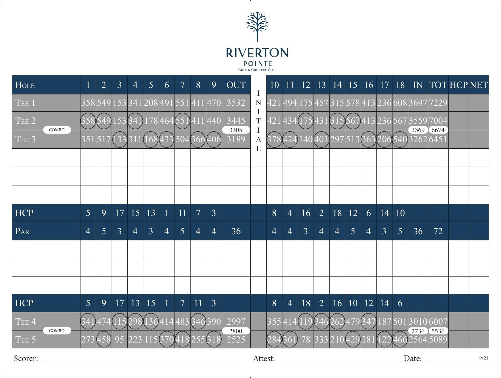 Riverton Pointe Golf and Country Club, Hilton Head scorecard showing par and yardage by hole for Tees 1 through 5