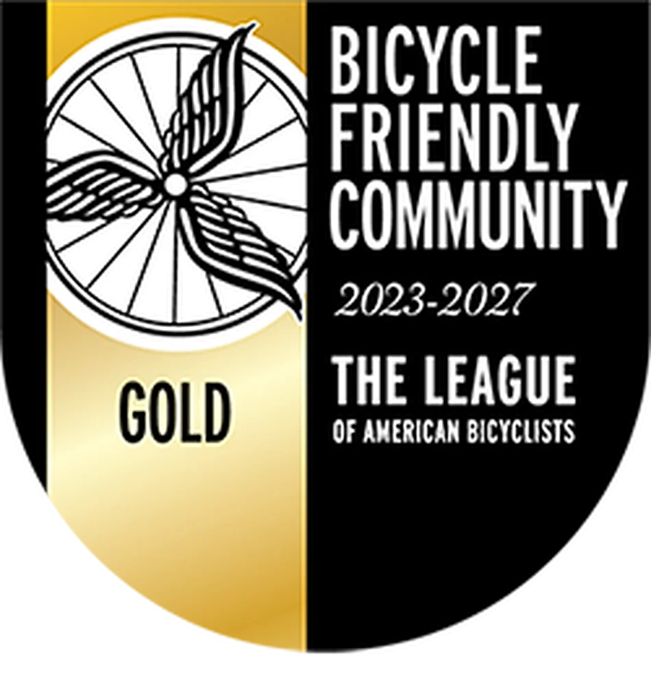 Gold Level Bicycle Friendly Community award seal, 2023-2027