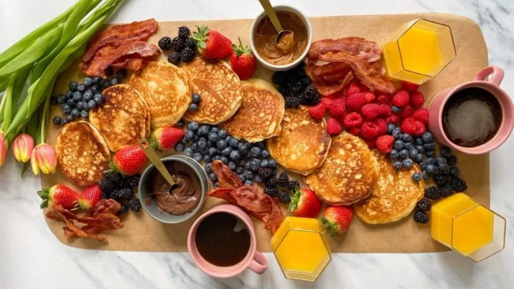 Breakfast spread of pancakes, berries, bacon, and coffee