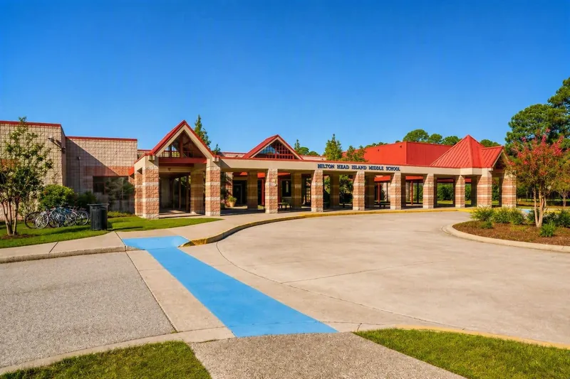 The red-roofed entrance colonnade of Hilton Head Island Middle School on Wilborn Road