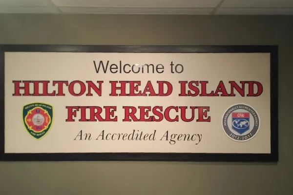 The “Welcome to Hilton Head Island Fire Rescue” sign inside the headquarters