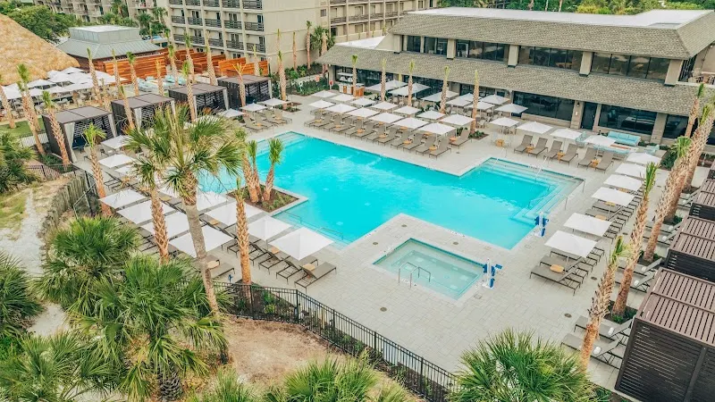 Aerial view of the Beach House Hilton Head Island pool deck and cabanas