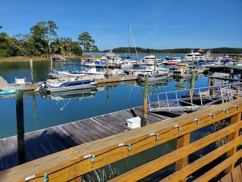 Boats at the docks of the marina at Hilton Head Harbor RV Resort & Marina