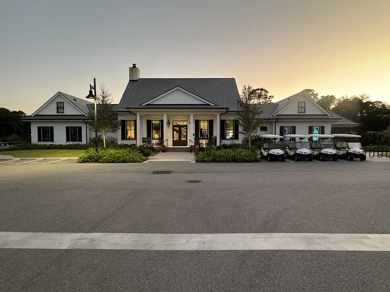 The Hilton Head National RV Resort clubhouse at dusk
