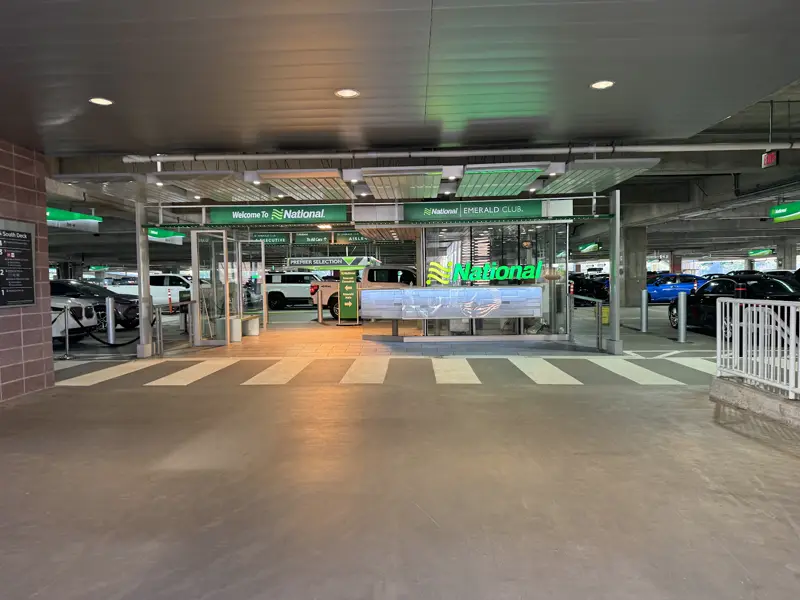 National Car Rental’s row in the covered rental garage at the Savannah airport
