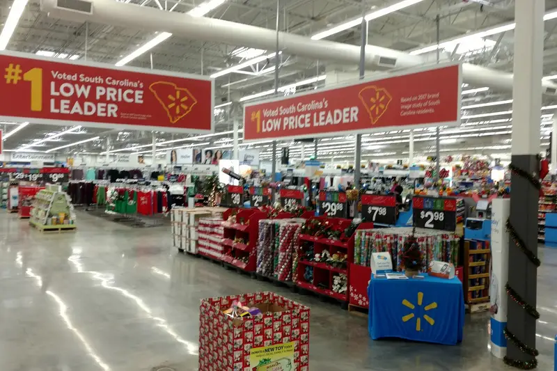 The front of the Hardeeville Walmart Supercenter, with low-price banners over the aisles