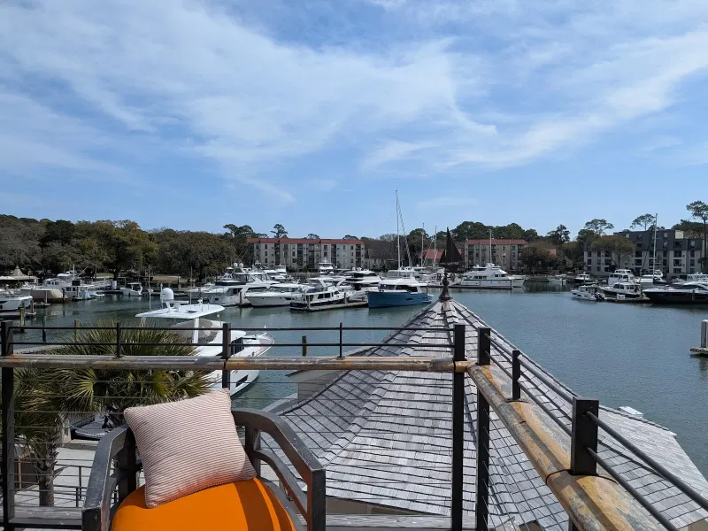 The view from the Quarterdeck’s rooftop deck over the Harbour Town yacht basin on a clear day