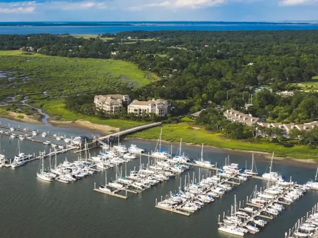 Skull Creek Marina from the air, next door to the Mariners Point condos in Hilton Head Plantation
