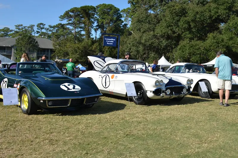 Vintage racing Corvettes lined up on the lawn at the Hilton Head Island Concours d’Elegance