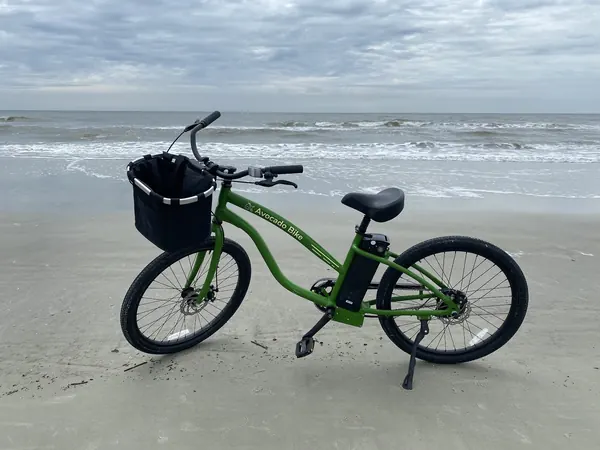 A green Avocado Bikes electric beach cruiser parked on the sand at the water's edge