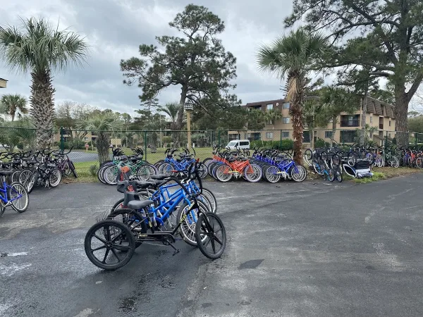 Rental bikes and trikes lined up at The Stand at Beach and Tennis