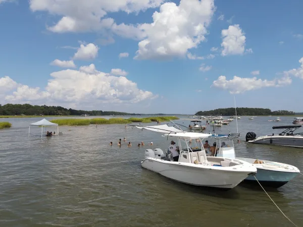 A Top Dog Charters boat anchored off a sandbar