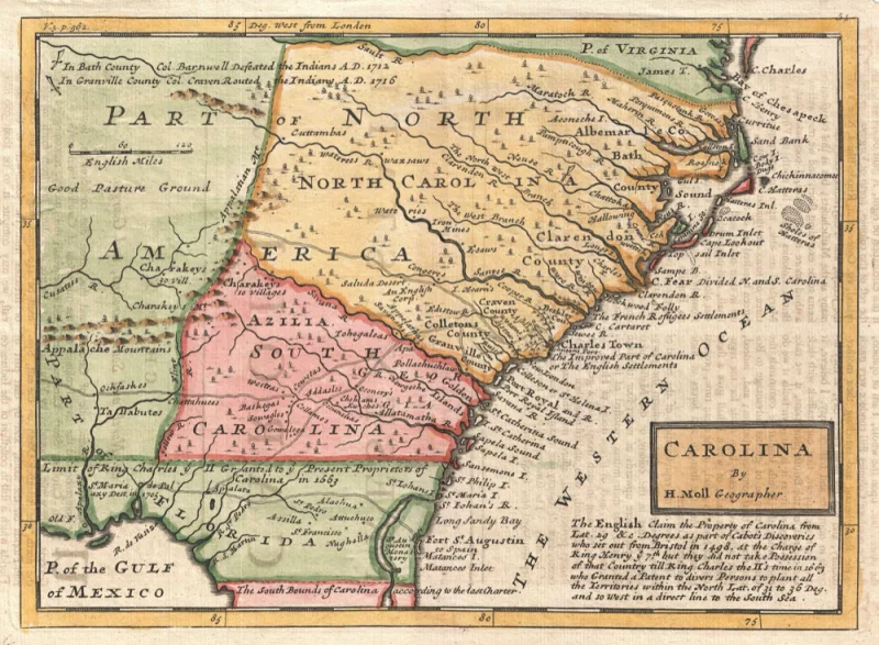 An early 1700s map of Carolina by Herman Moll, with Port Royal and Port Royal Island on the coast