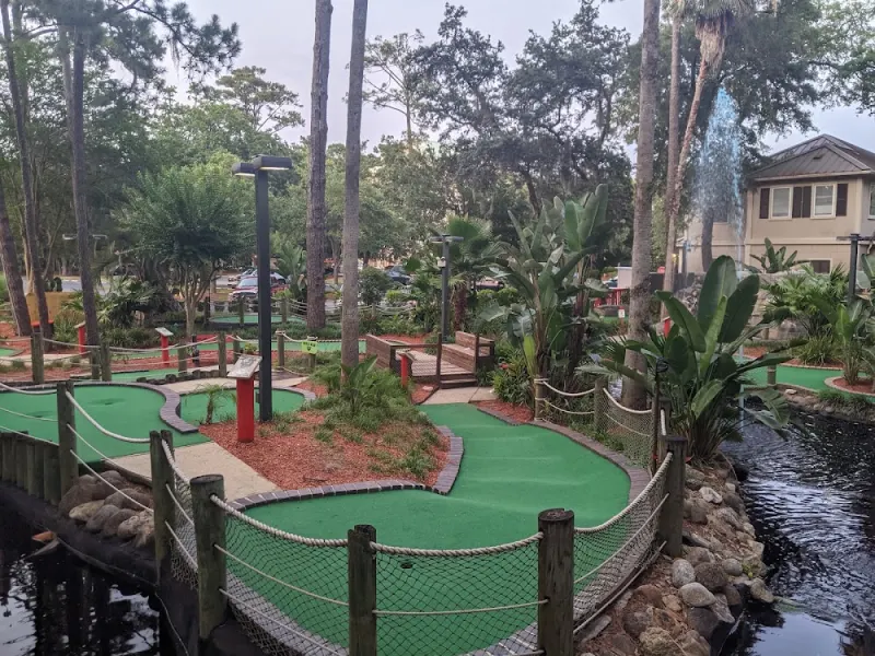 A blue putting green beside a rock cave and lagoon at Adventure Cove, with pine trees overhead
