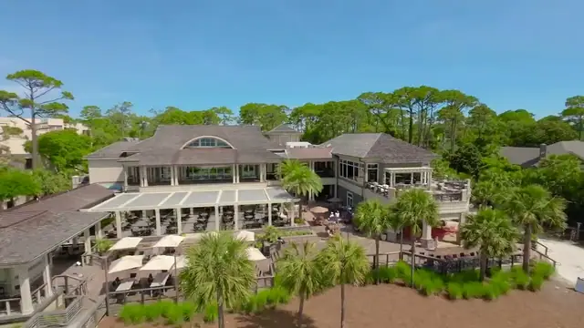 An aerial view of the Sea Pines Beach Club and its deck